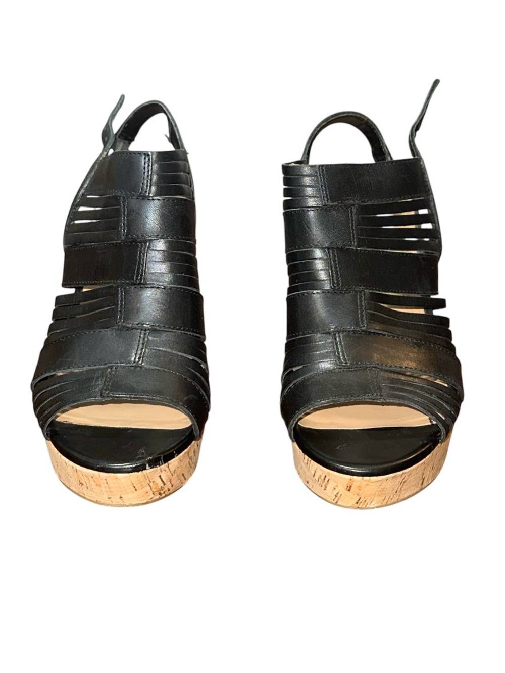 Black Leather Cork Wedge Sandals - Women